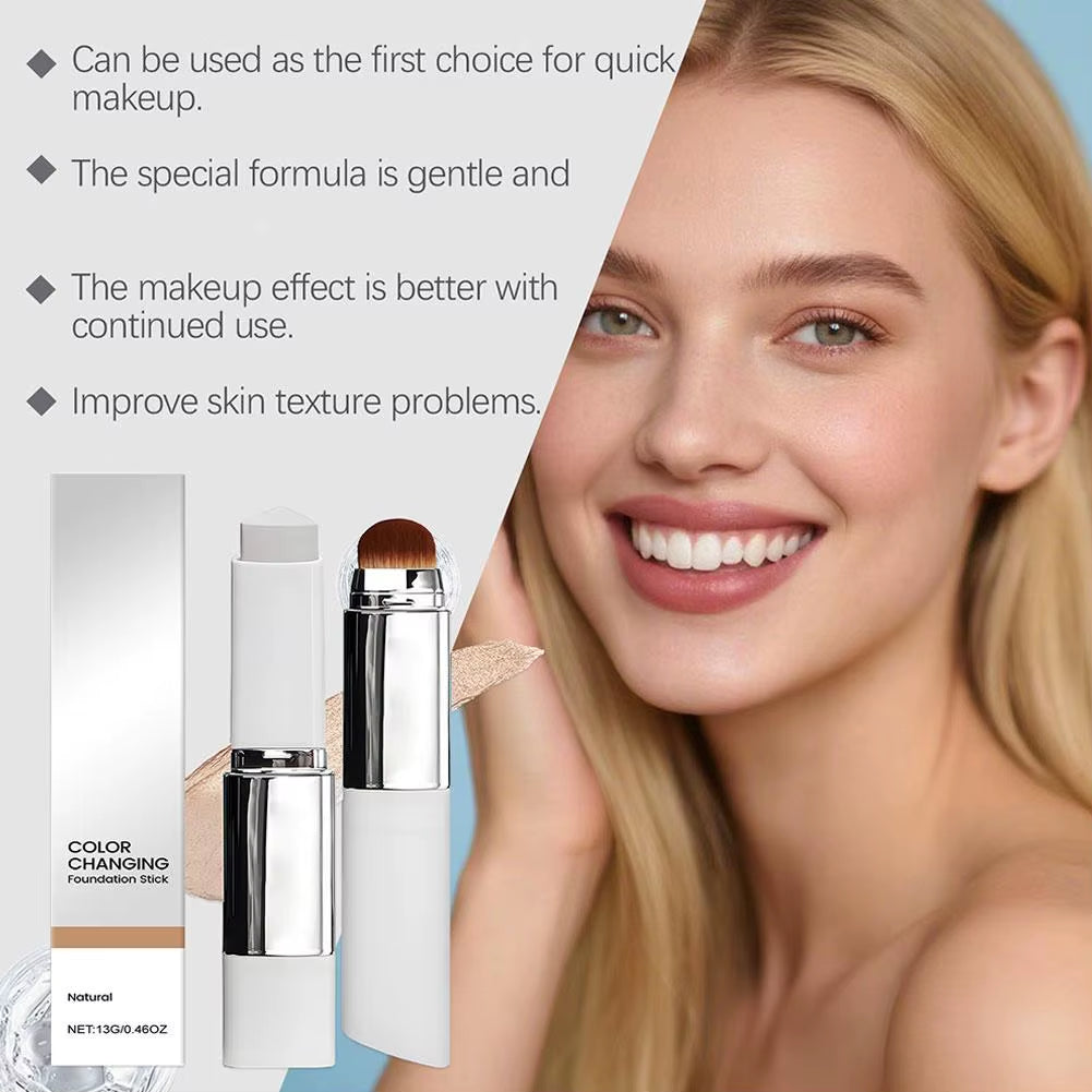 Color Changing Foundation Stick Brightens Concealer Stick Ouble Head with Brush Lightweight Moisturizing Brightening Cosmetics